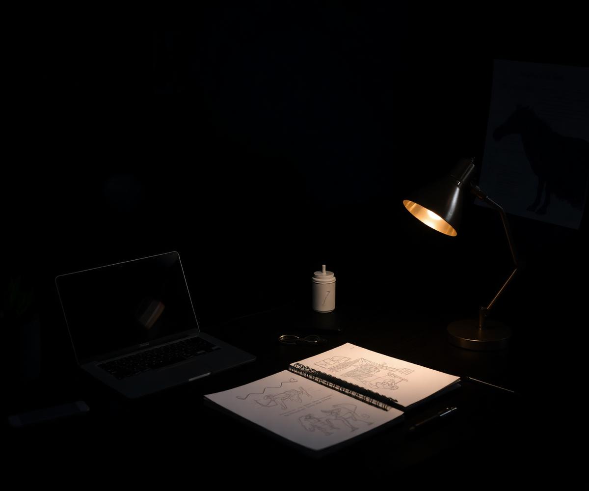 Jake Harrall's design workspace with a laptop, sketchbook and desk lamp